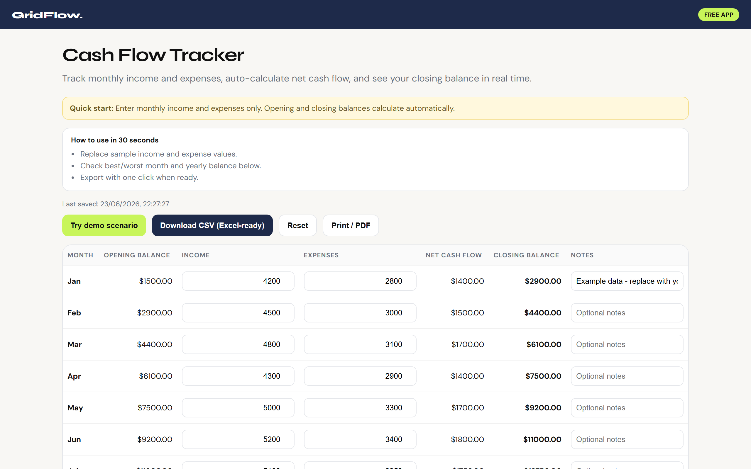 Screenshot of GridFlow CashFlow app showing monthly income and expense tracker