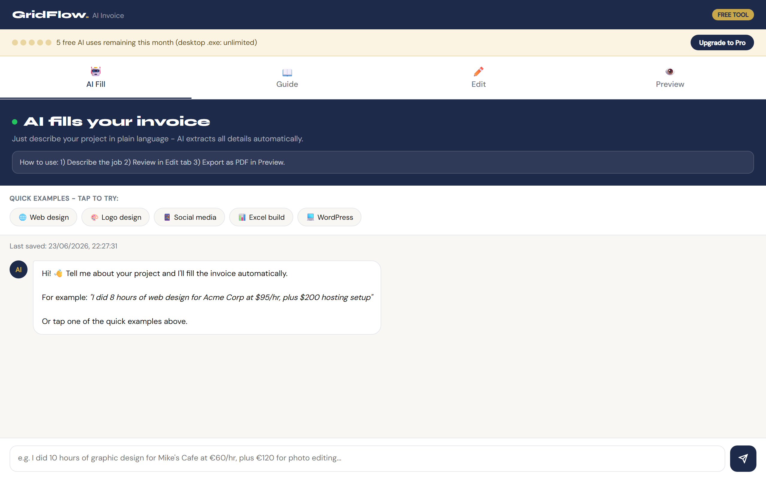 Screenshot of GridFlow Invoice AI app with chat-style invoice builder