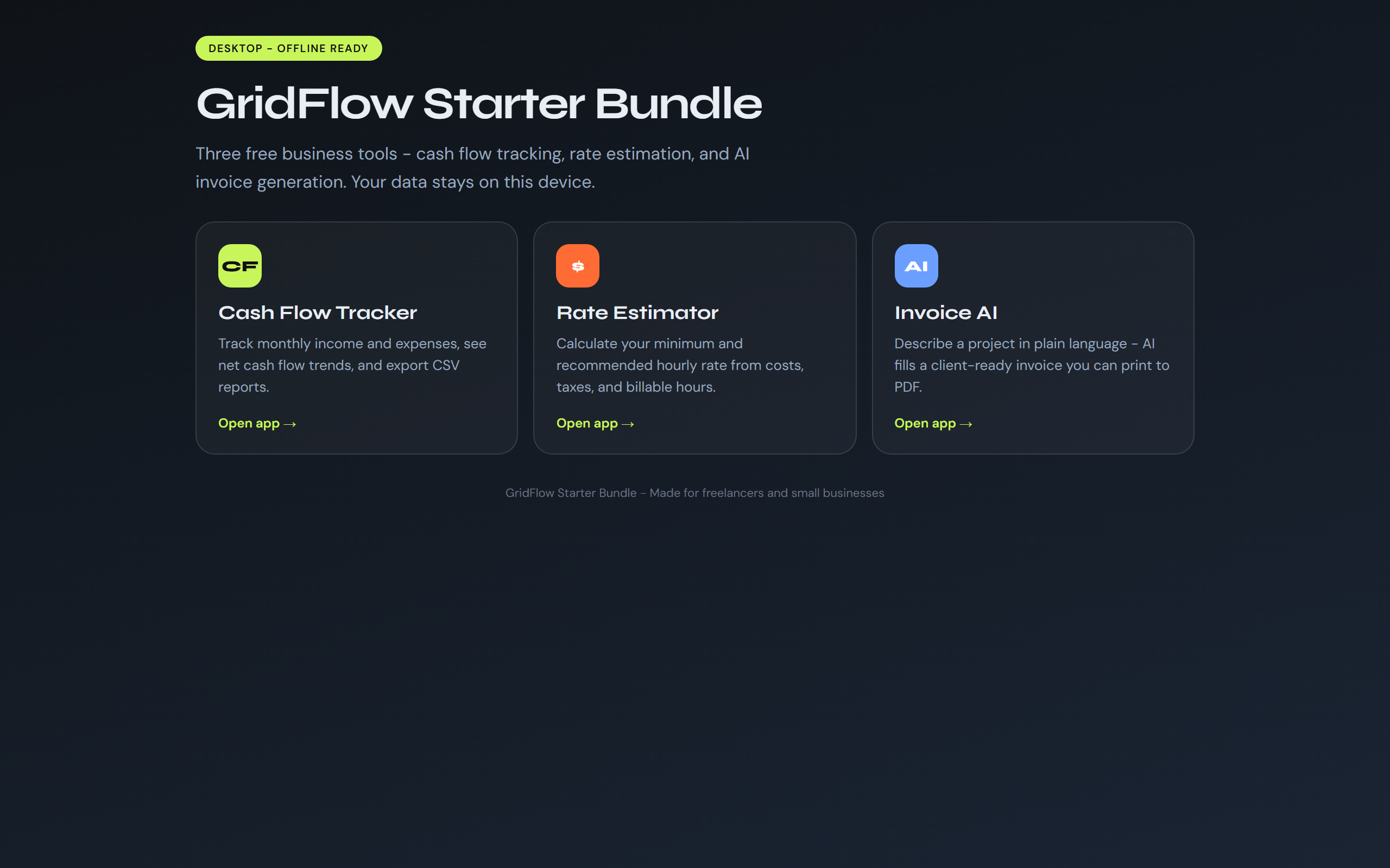 Screenshot of GridFlow Starter Bundle launcher dashboard