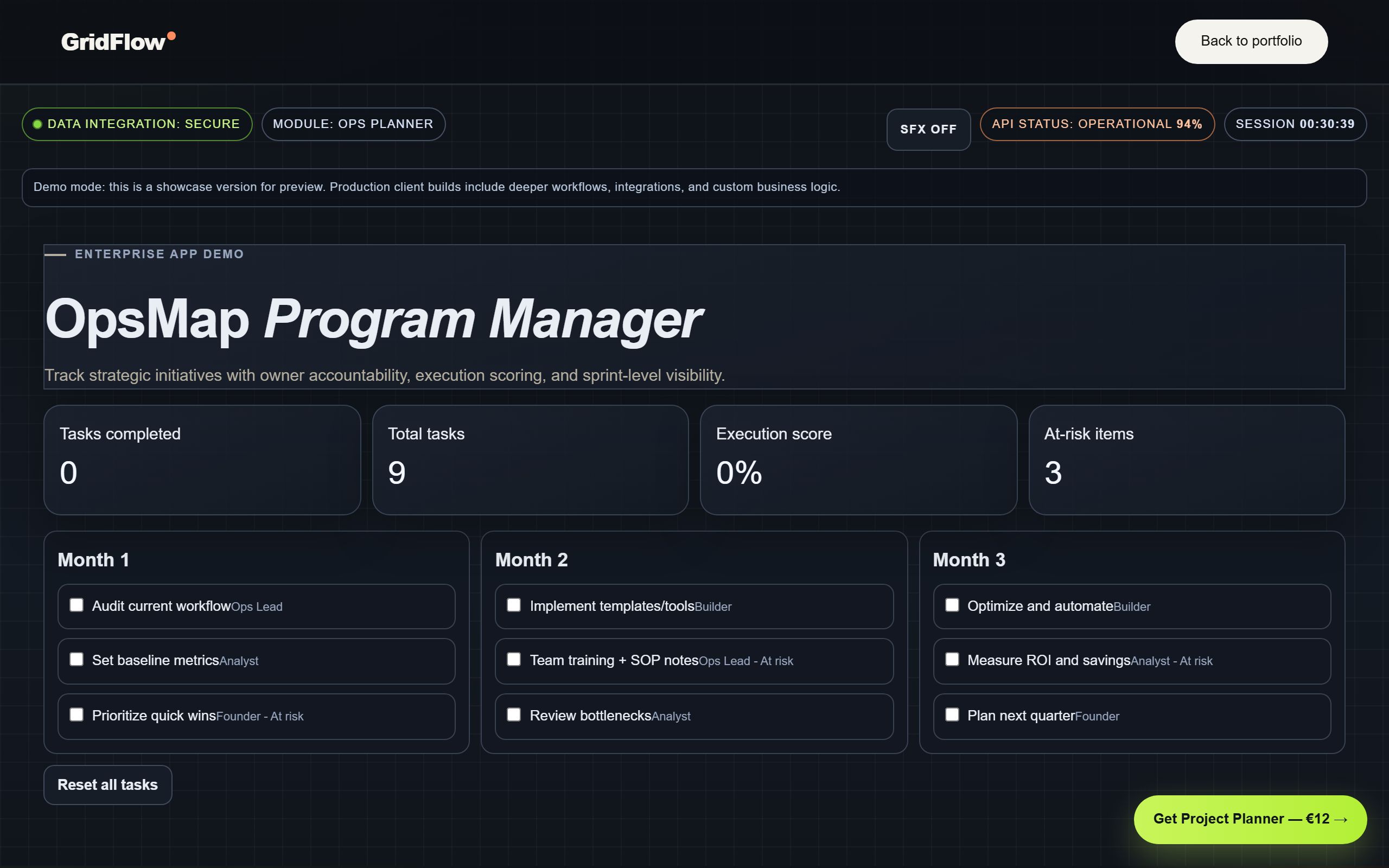 OpsMap program manager with sprint lanes and execution score